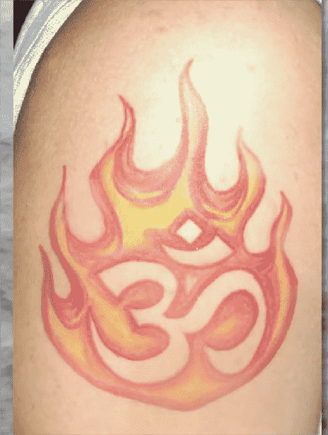  Ranveer Allahbadia tattoo of Flaming Aum in left Shoulder